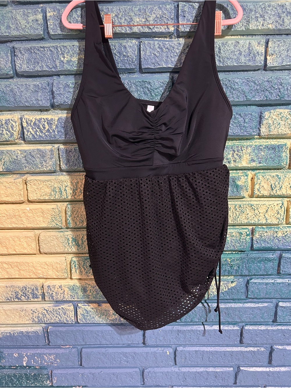 Black Ruched one piece Swimsuit with attached Mesh Skirt cacique 18